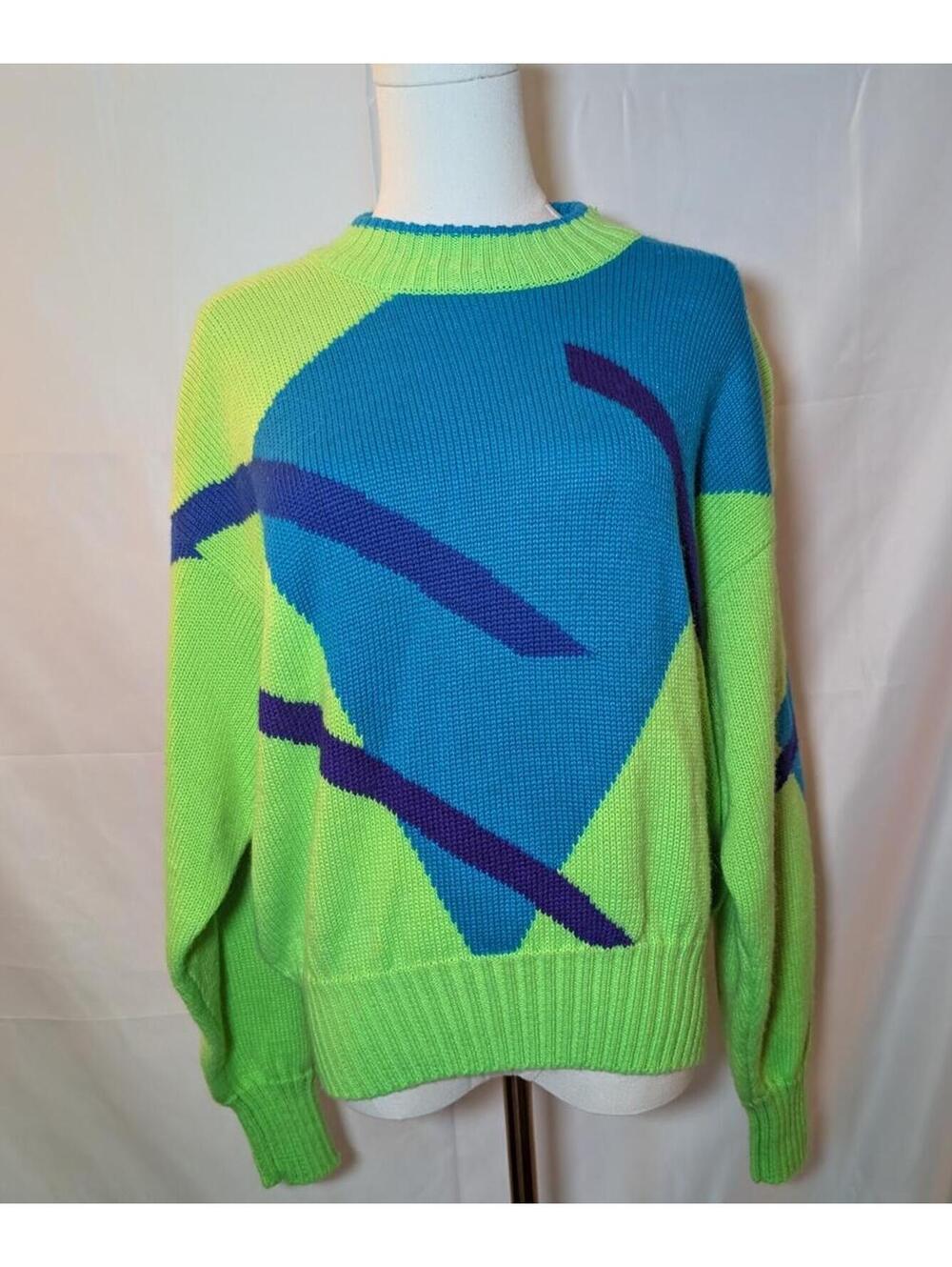 Vintage Obermeyer Sport Neon Green Colorblock Knit Sweater Women’s Size M